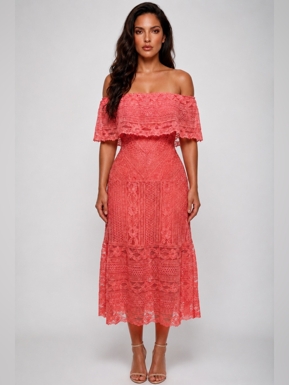 BB Dakota Coral Off-Shoulder Lace Midi Dress